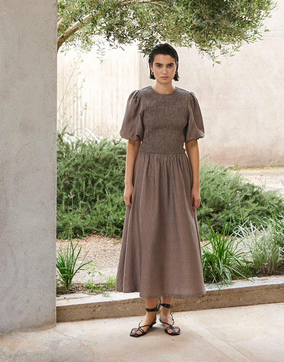 Long Puffed-Sleeve Dress