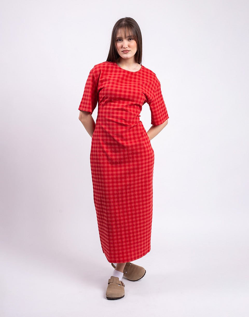 Red Checks Seersucker Kina Dress