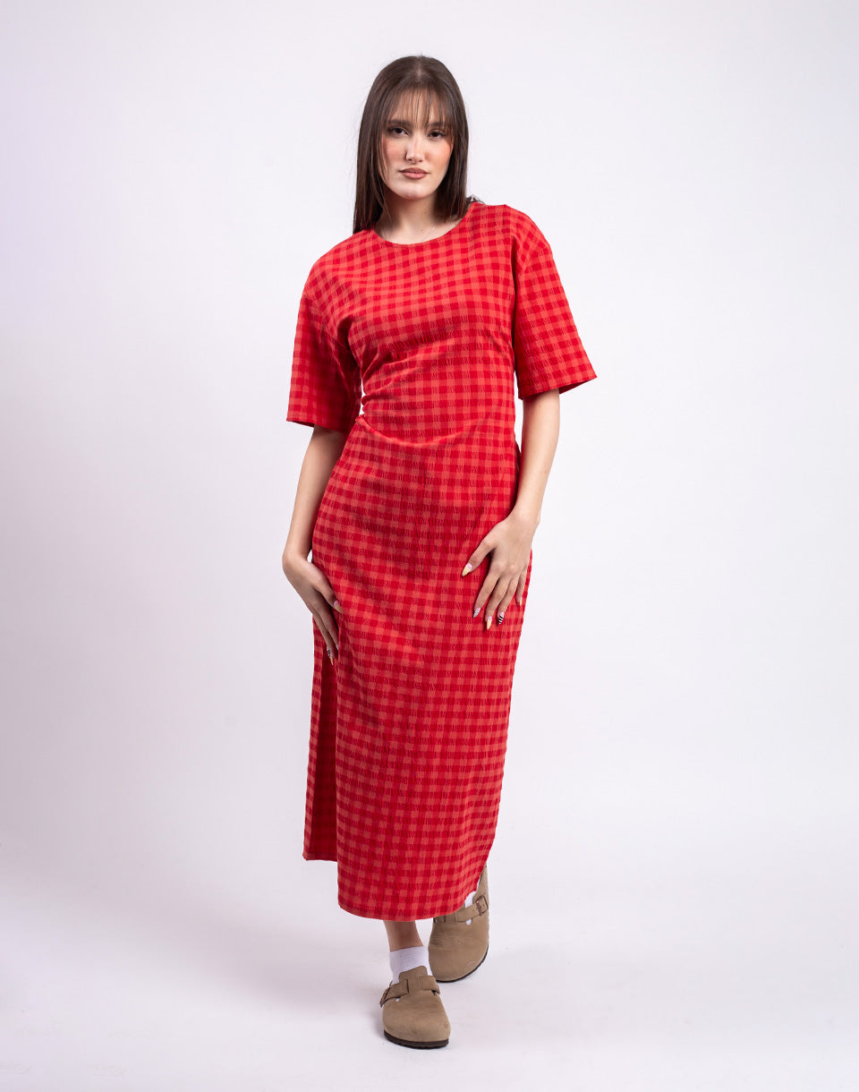 Red Checks Seersucker Kina Dress