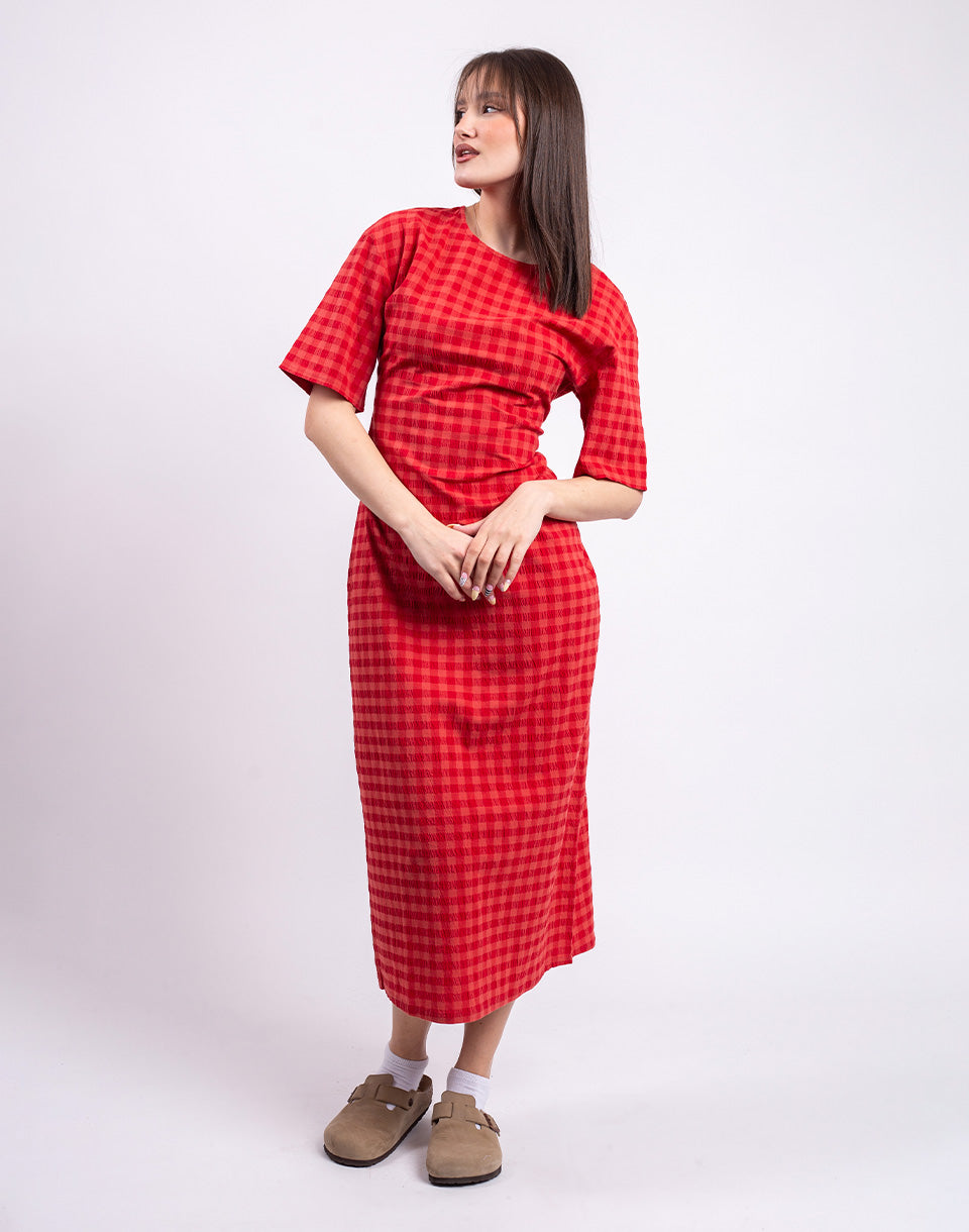 Red Checks Seersucker Kina Dress